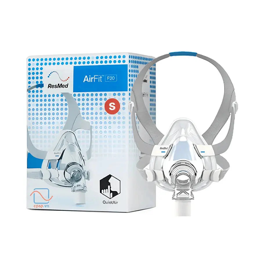 ResMed AirFit F20 cpap mask with packaging on a white background