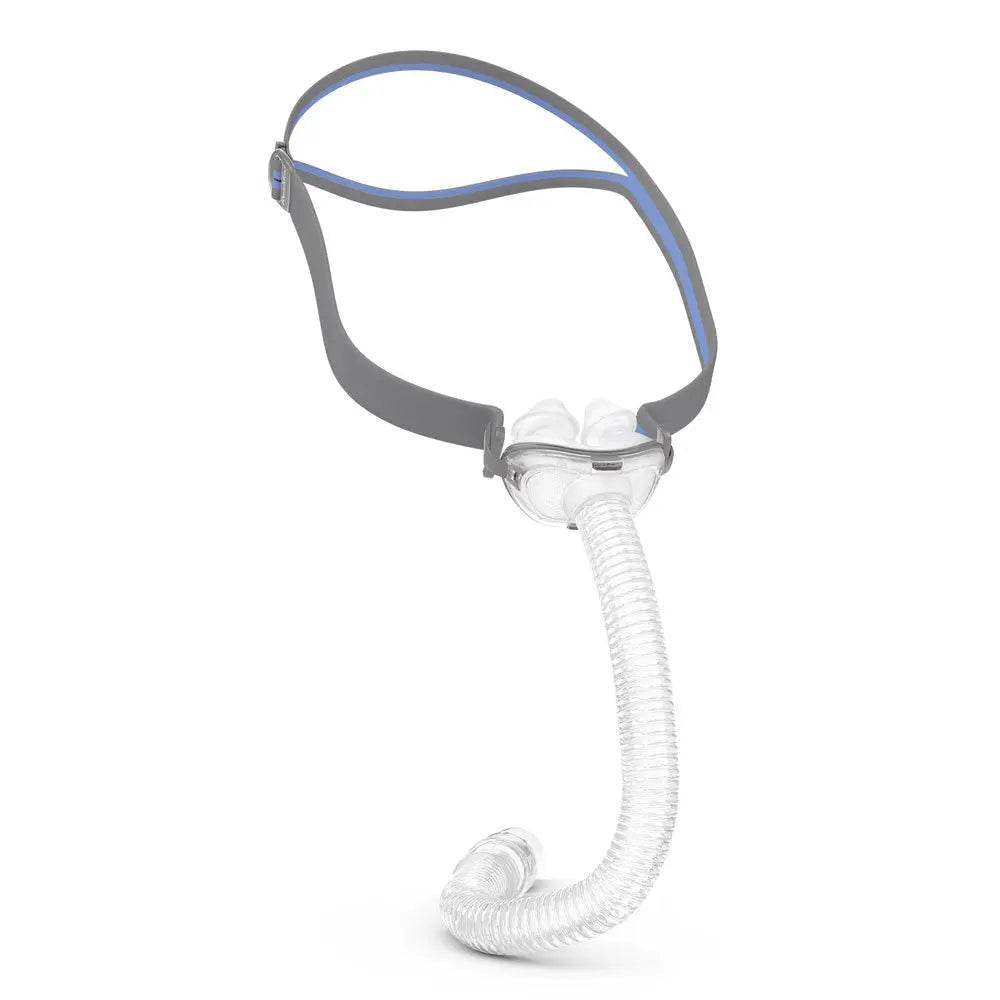 Lightweight ResMed P10 nasal pillows mask on white background