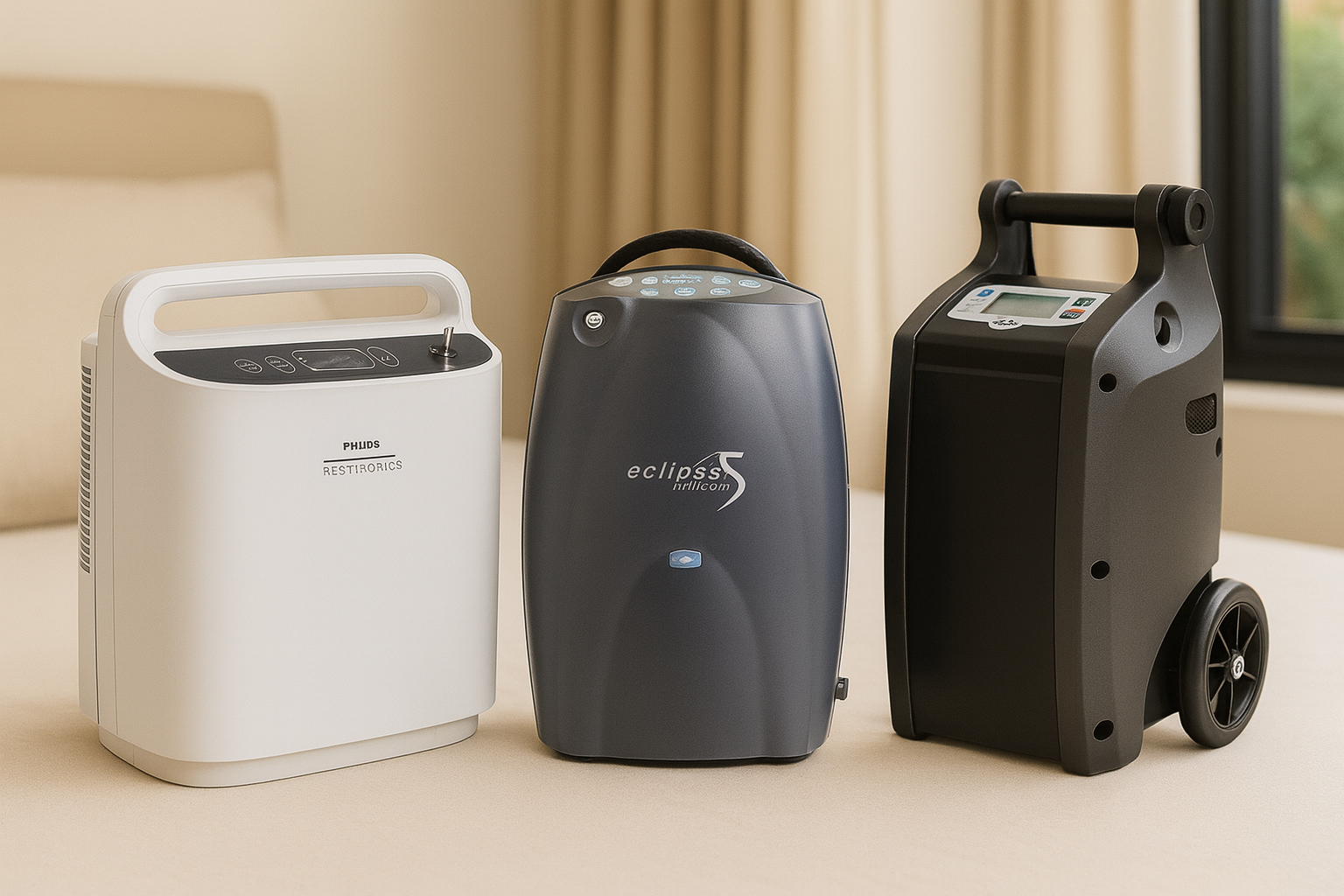 Three portable oxygen concentrators on a beige surface with a neutral background