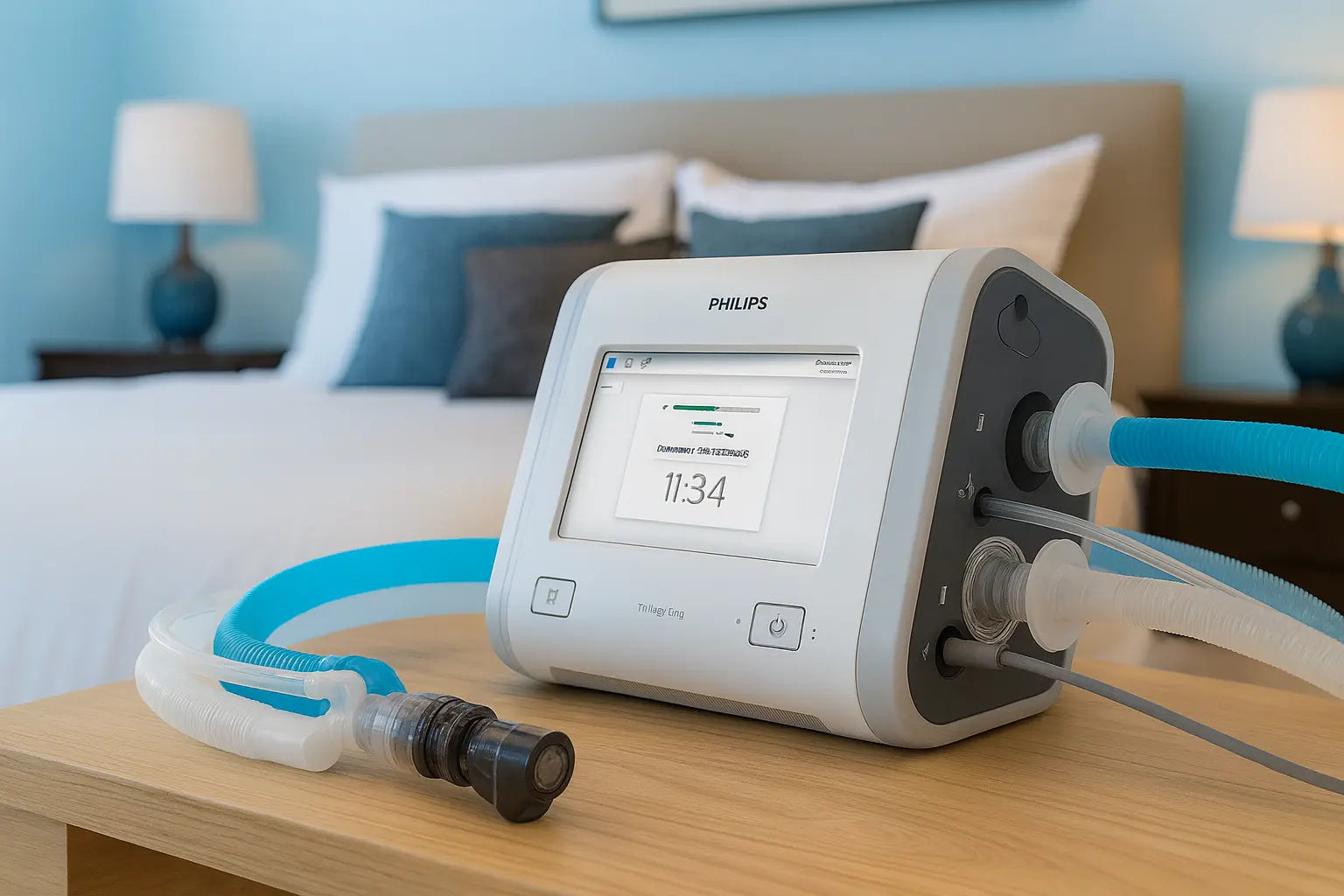Philips Trilogy EVO ventilator machine on a nightstand with a bedroom-CPAPSupply UK background