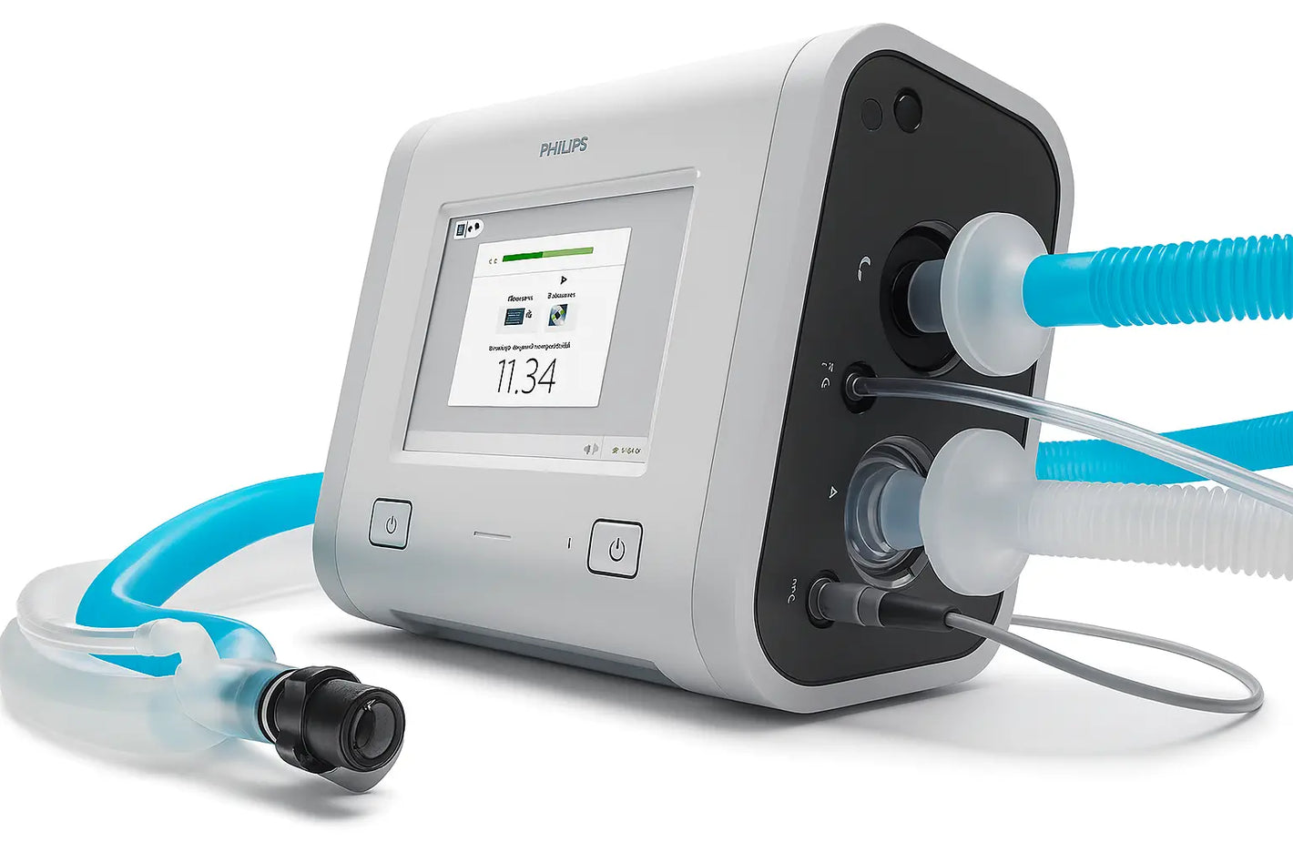 Philips Trilogy Evo Portable hospital-to-home ventilator with hoses on a white background