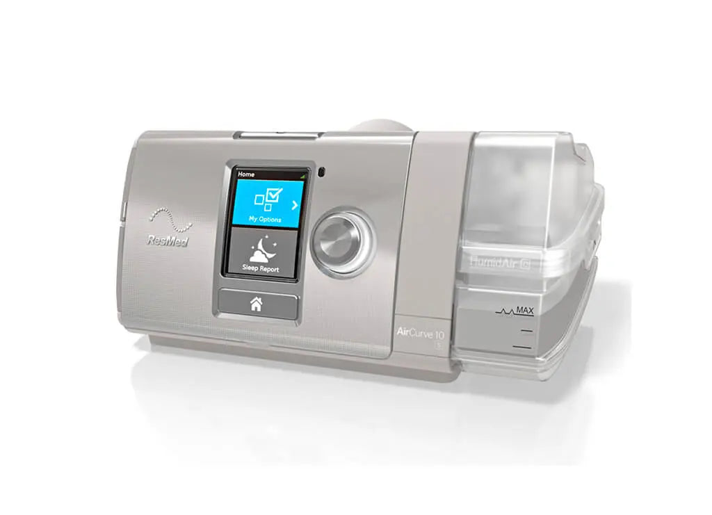 ResMed AirCurve 10 CPAP machine on a white background