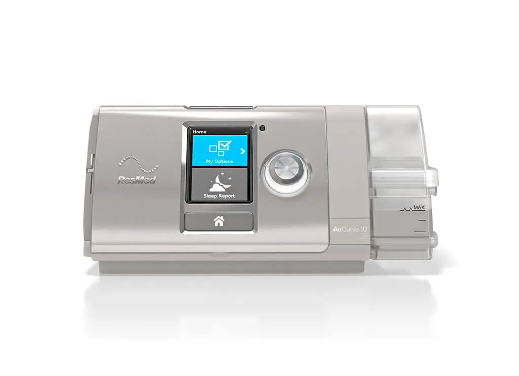 ResMed AirCurve 10 CPAP machine on a white background