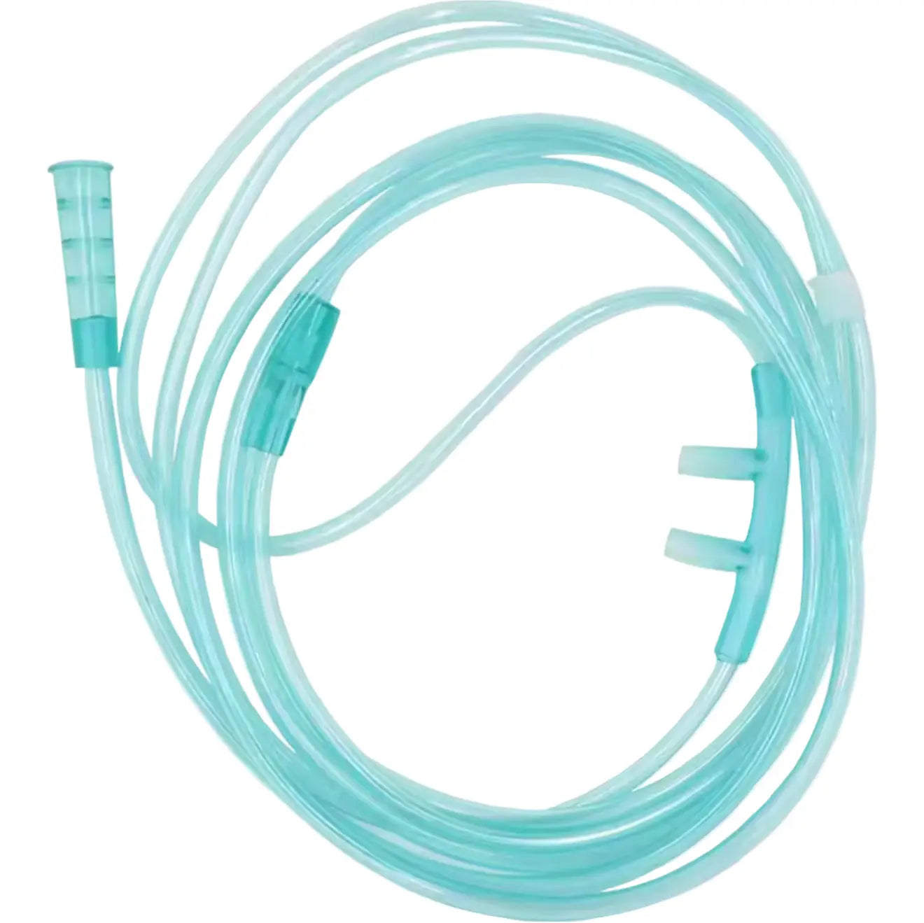 Teal oxygen tubing with connectors on a white background