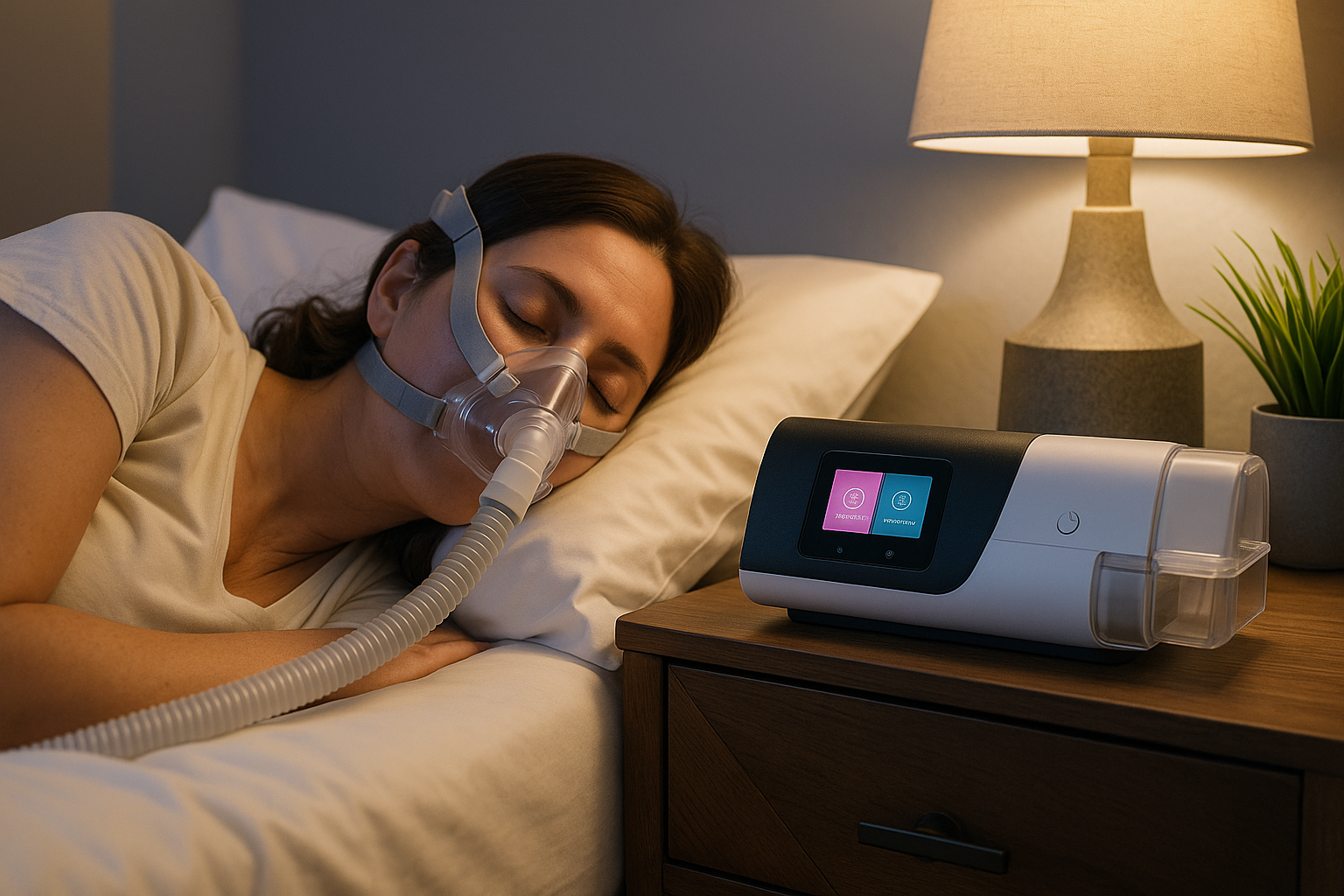 Person using a CPAP machine to sleep with a device on a nightstand.