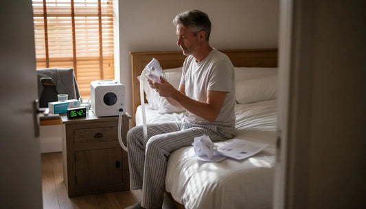 Man checking CPAP accessories by bed