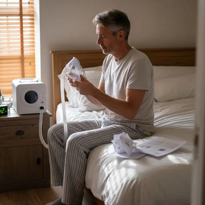 Man checking CPAP accessories by bed