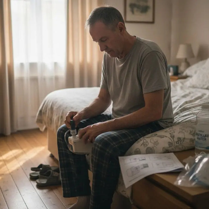 Man setting up CPAP in bedroom