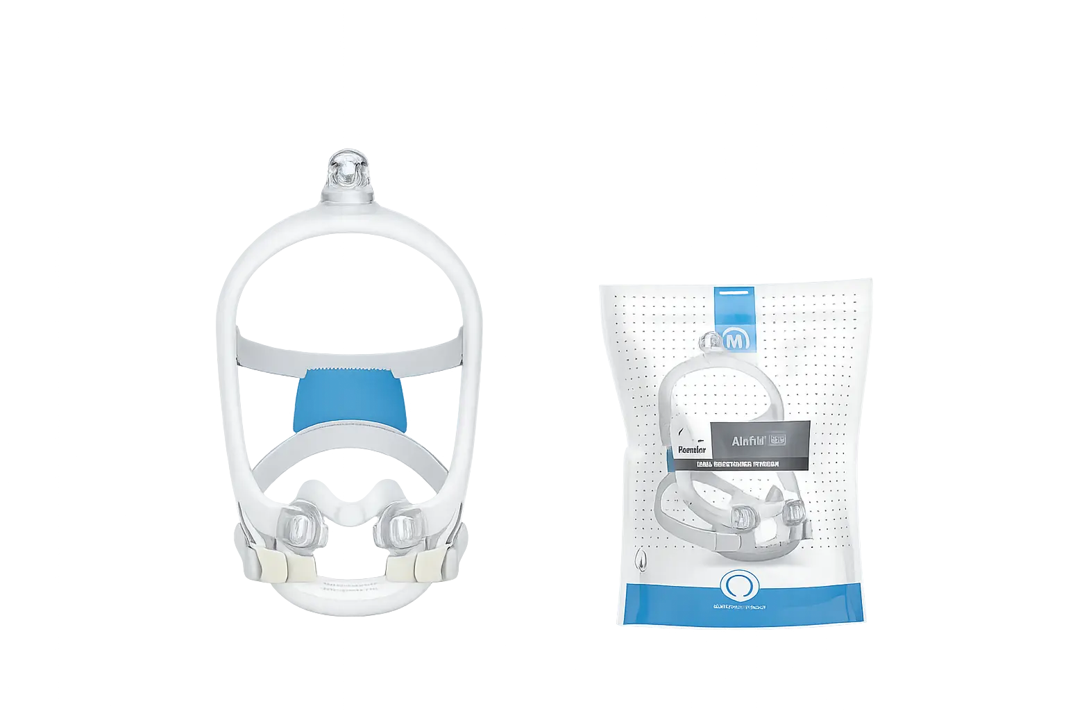 Range of CPAP masks including full face, nasal and nasal pillow styles on a transparent background