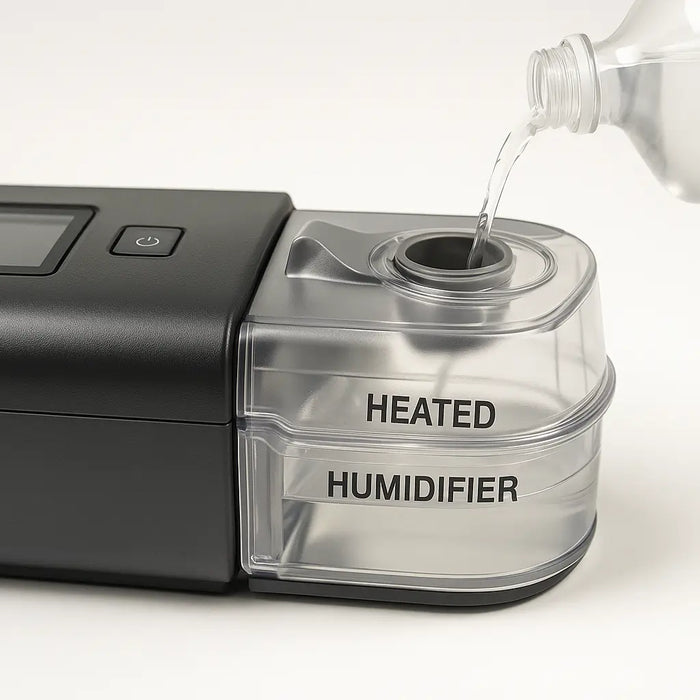 CPAP with heated humidifier and distilled water