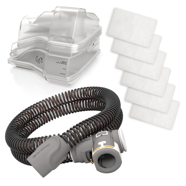 CPAP accessories including tubing, filters, humidifiers, and cleaning supplies