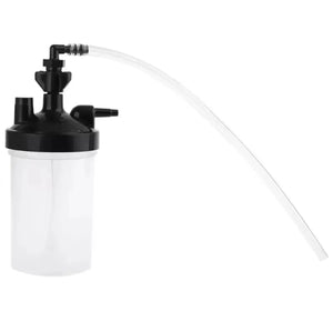 Clear container with black top and hose on a white background