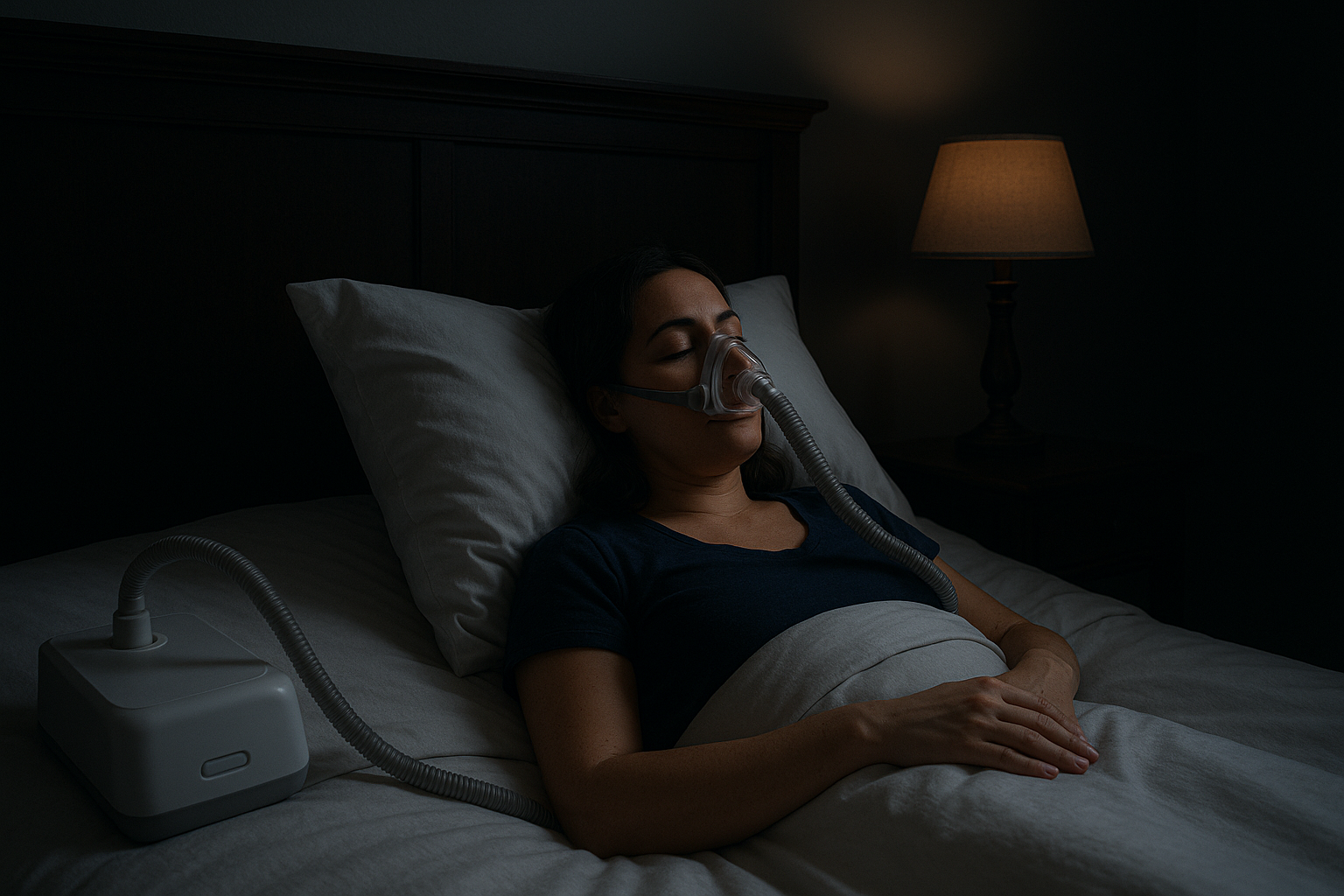 Woman sleeping peacefully in a modern bedroom while using a CPAP machine, with soft lighting and dark-to-light contrast highlighting the device and mask