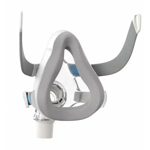 Gray and white CPAP mask on a white background