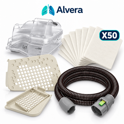 Alvera AirSense 10 Replacement Kit – AquaPure 10 Water Chamber, ThermaAir 10 Heated Tube, Beige AirGuard Filter Cover 2-Pack & PureFlow 10 Filters 50-Pack