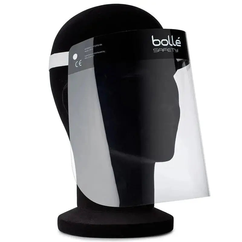 Black face shield on a mannequin head with 'bollé Safety' branding on a white background