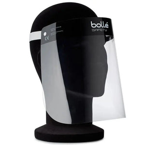 Black safety visor on a mannequin head with 'bollé Safety' branding.