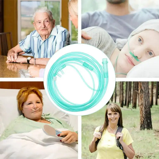 Collage of people with a central circular design  of a Kink-resistant lightweight oxygen tubing for adults