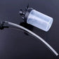 Clear plastic container with a long flexible tube on a black background