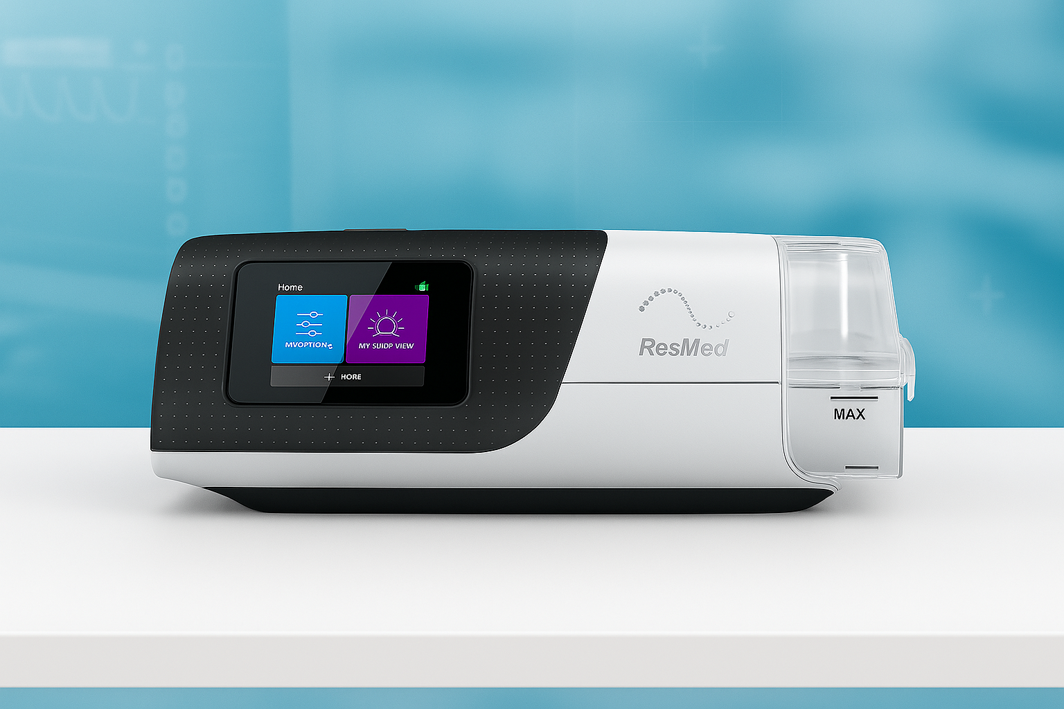 ResMed S11 device with a digital display on a white surface with a blue gradient background