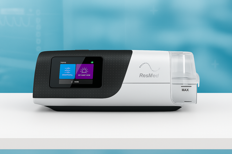 ResMed S11 device with a digital display on a white surface with a blue gradient background