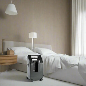 USA-made DeVilbiss 525DS home oxygen concentrator 5 LPM in a modern living room