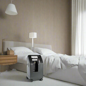 USA-made DeVilbiss 525DS home oxygen concentrator 5 LPM in a modern living room 