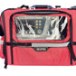 Red medical device bag with clear front panel displaying equipment, branded 'AEDMed'.