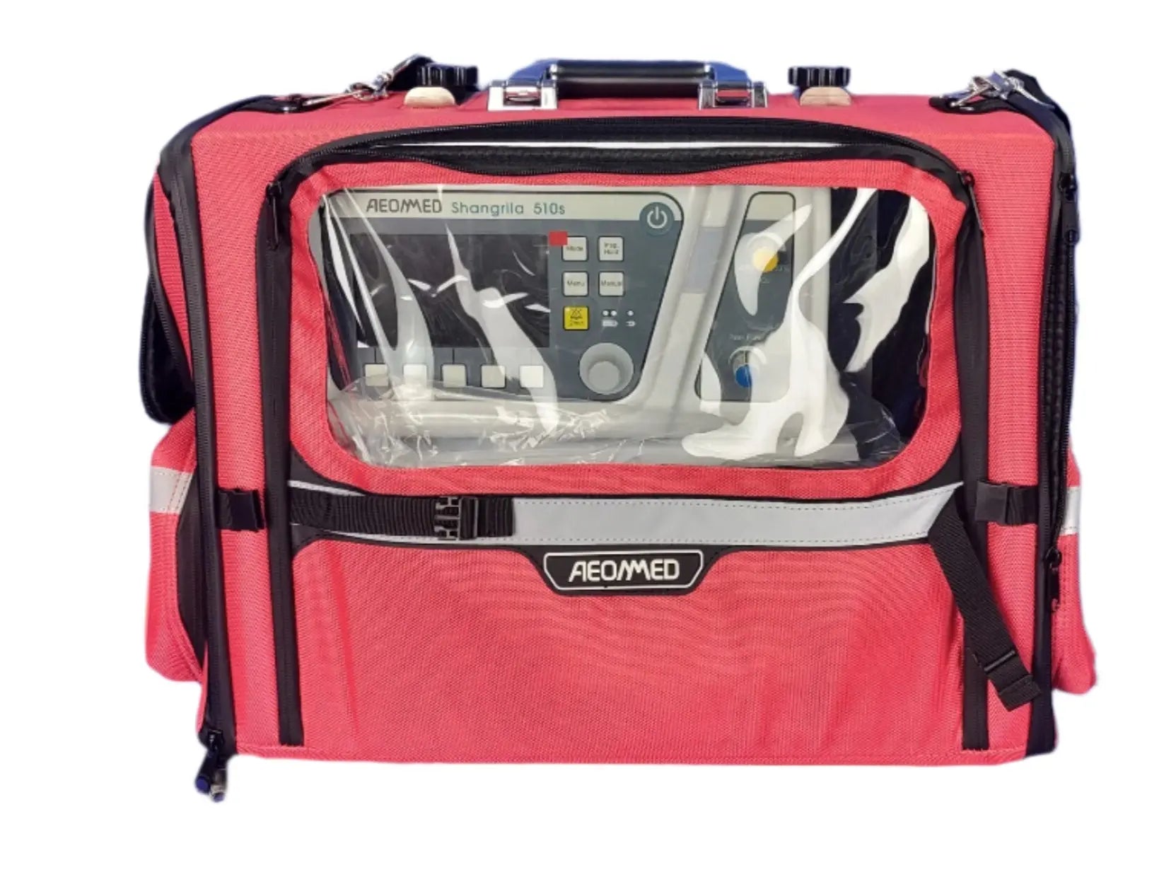 Red medical device bag with clear front panel displaying equipment, branded 'AEDMed'.
