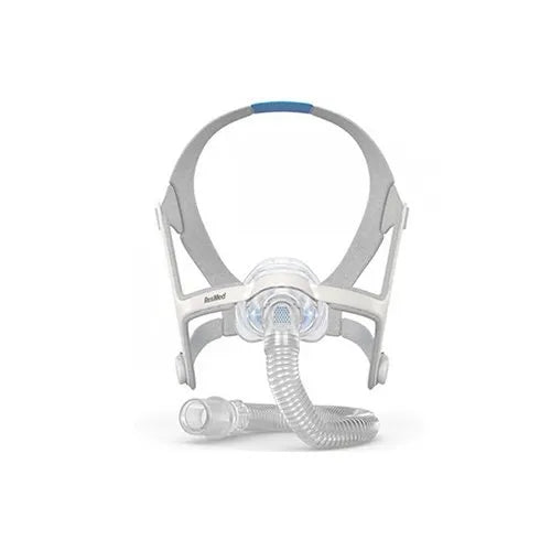 ResMed full-face mask with hose on a white background